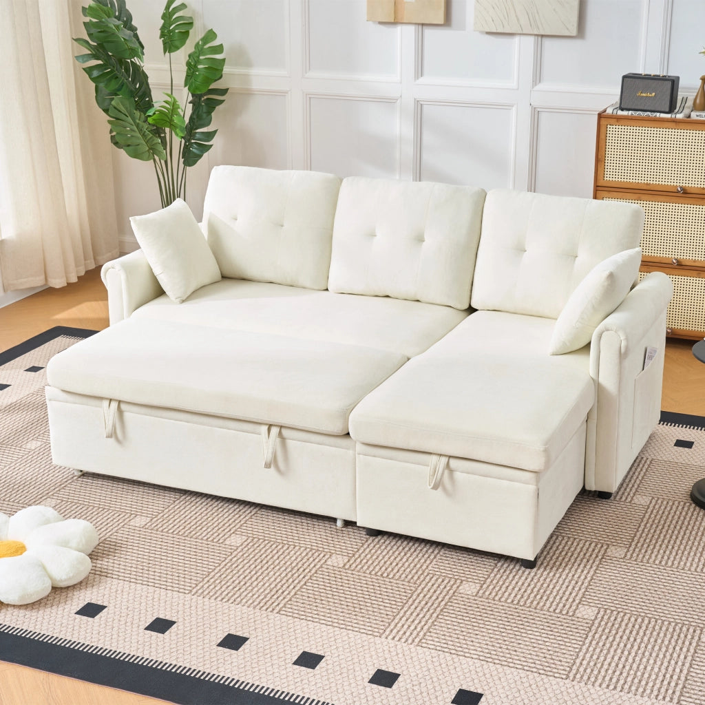Divano angolare convertibile con letto, contenitore e chaiselongue reversibile con tasche laterali in chenille beige