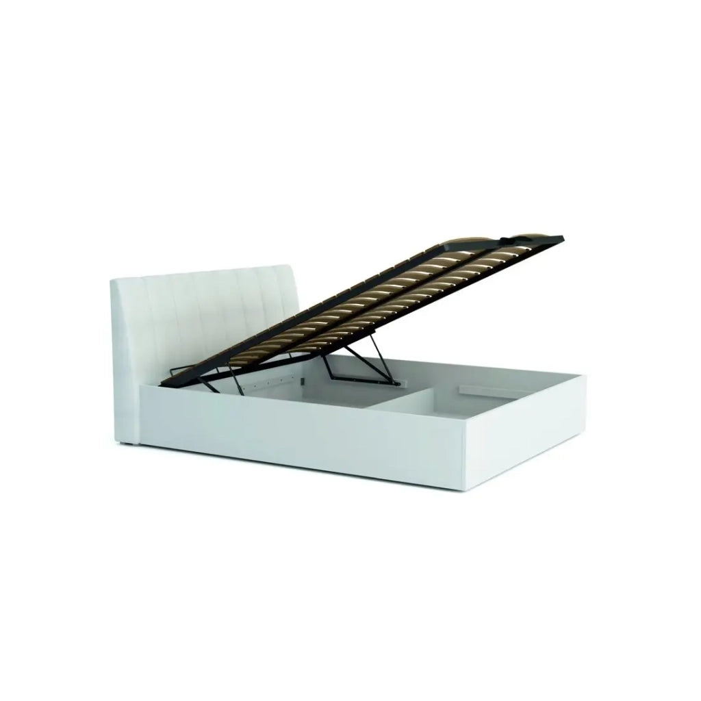 Set camera VERONA: Letto contenitore 160x200 cm, cassettiera 3 cassetti, comodini, armadio 4 porte, bianco lucido.