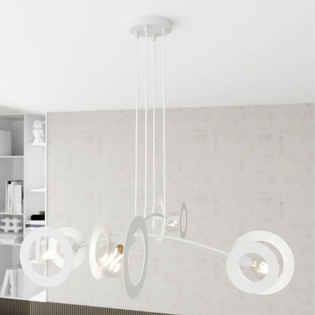 Lampadario 4 Luci Crono Acciaio Bianco A Bracci E Diffusori A Doppio Cerchio