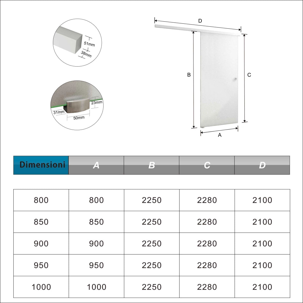 95x225 cm Porta Scorrevole in Vetro da 8 mm Temperato Opaco con Pellicola Anti-frantumi con Binario in Alluminio Bianco Verniciato