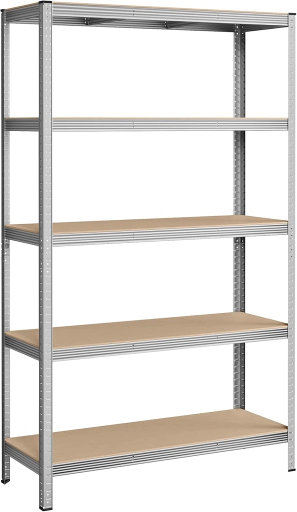 SONGMICS Scaffalatura a 5 Ripiani, Scaffale in Acciaio, Montaggio Senza Viti, Utensili, Strumenti in Garage, Magazzino, Ripostiglio, Portante 750 kg, 60 x 120 x 200 cm, Argento GLR060E01