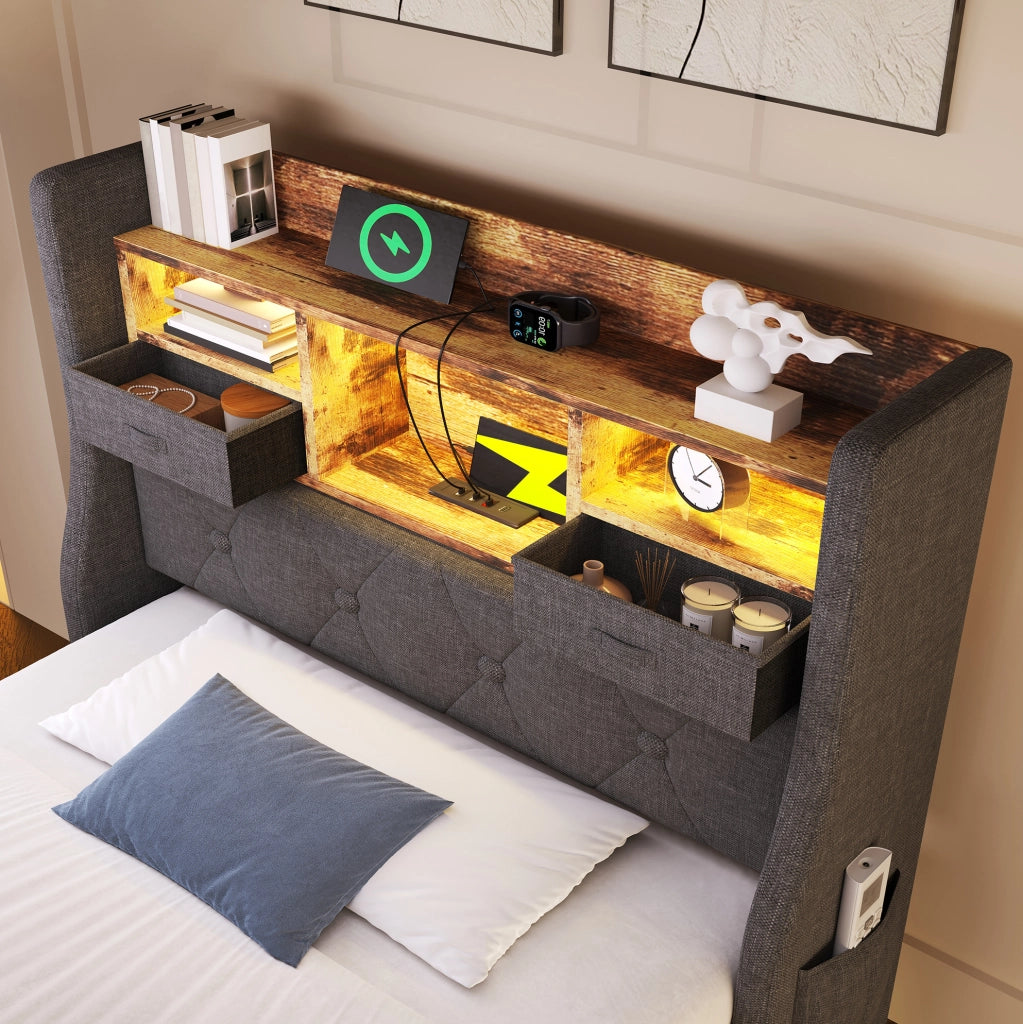 Letto singolo imbottito 90x200 cm con LED, USB e vano testata