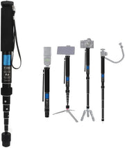 Monopodo Leggero in Alluminio - Regolabile in altezza da 28 a 160 cm - Manico Portatile - Supporto Removibile per Piede - Inclusa Tasca Portatile - Selfiestick