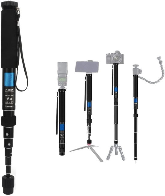Monopodo Leggero in Alluminio - Regolabile in altezza da 28 a 160 cm - Manico Portatile - Supporto Removibile per Piede - Inclusa Tasca Portatile - Selfiestick