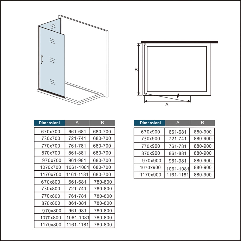 195 cm Box Doccia Walk In Porta Battente 73 cm + Parete Fissa 90 cm Vetro 6mm Anticalcare Barra da 45 cm Cromo Lucido