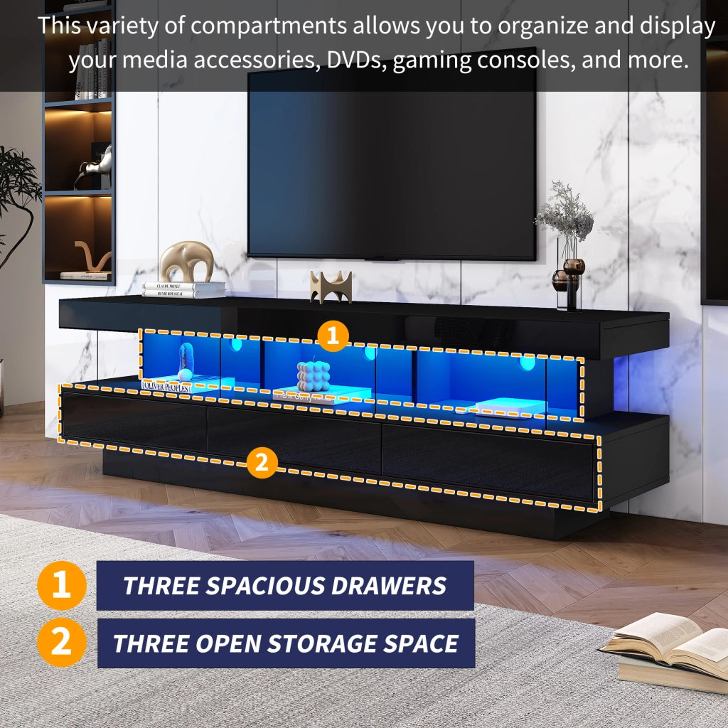 Mobile porta TV con 3 vani in vetro, LED con controllo Bluetooth, per soggiorno, nero lucido, 160 × 38 × 50,5 cm