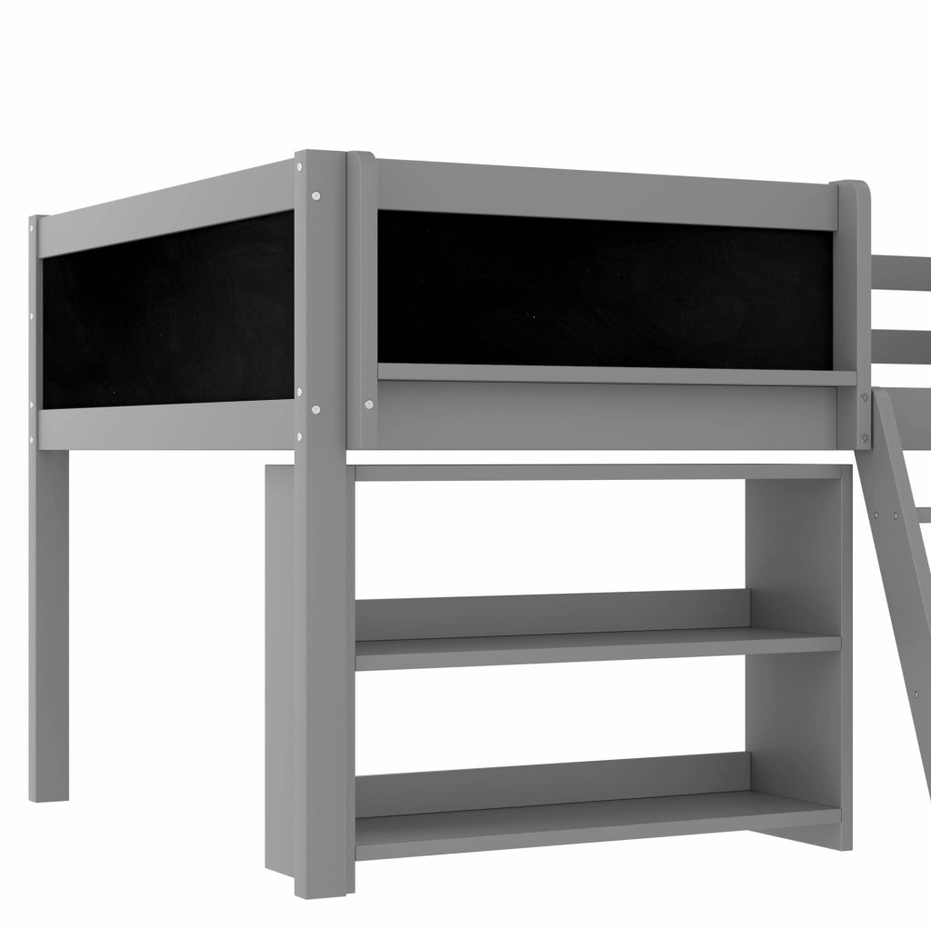 Letto semialto per bambini 90x200 cm con ripiani e lavagna grigio