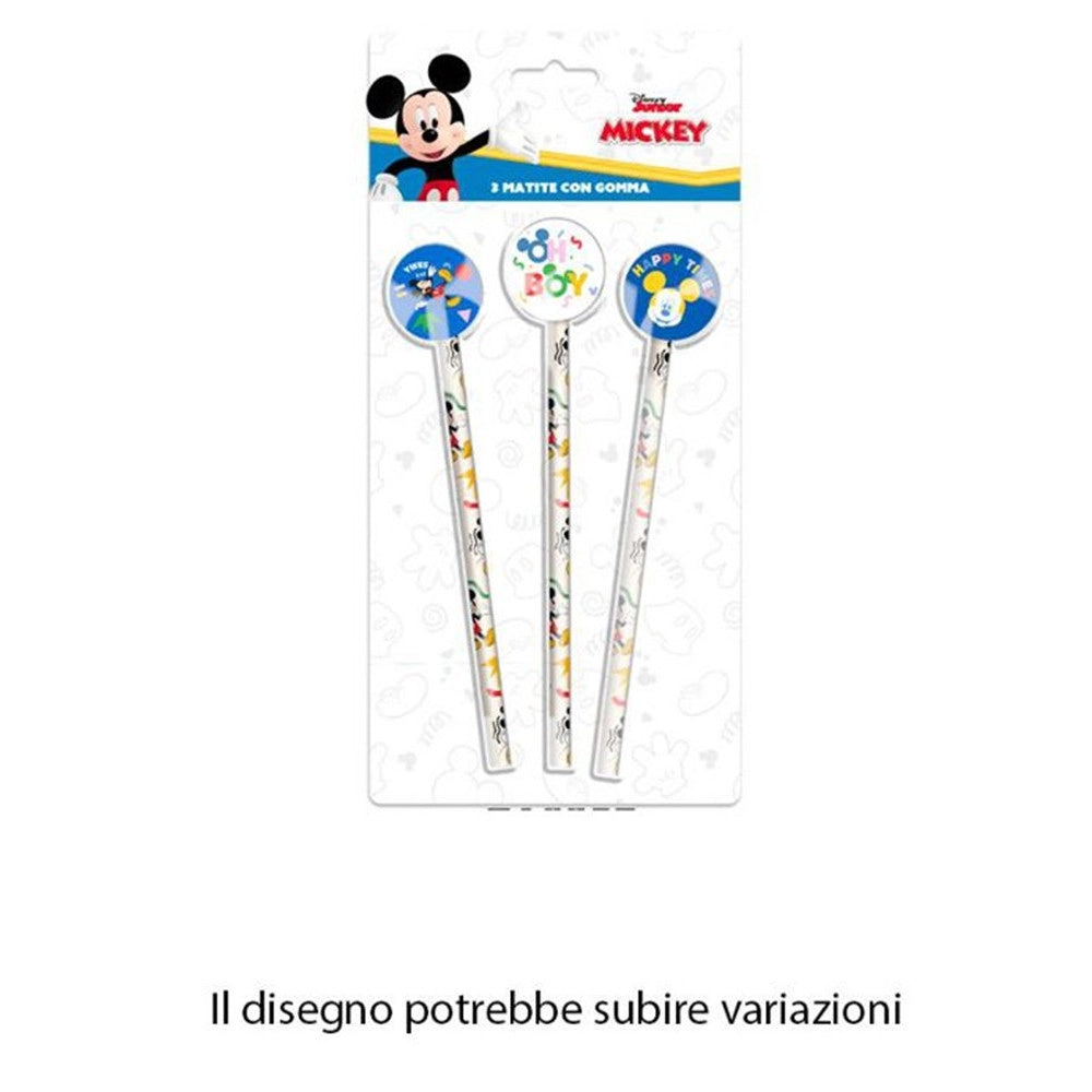 Trade Shop - Set 3 Pz Matite Con Gomma Tema Topolino Accessori Per Disegno Scuola Bambini 955470 -