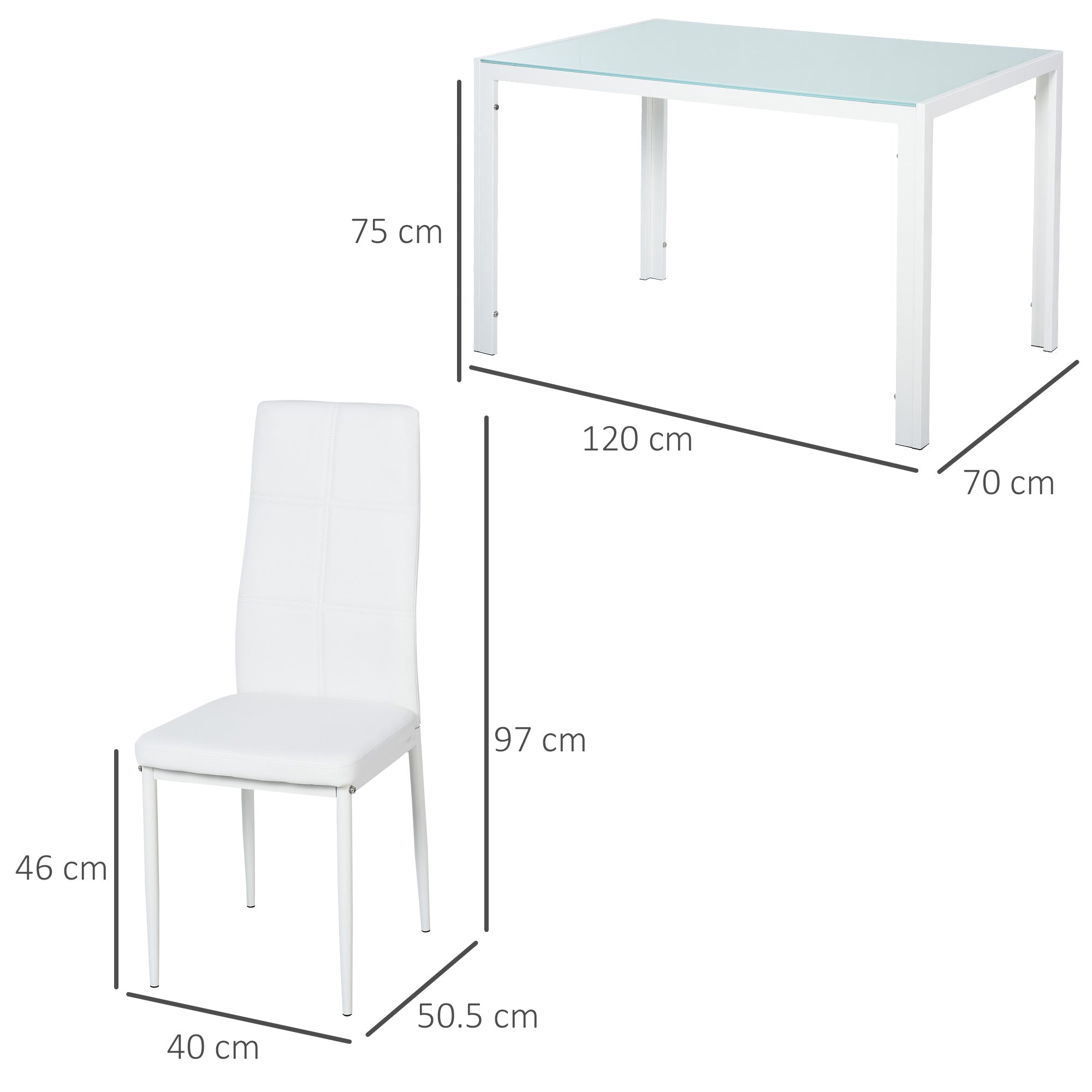Set da Pranzo Tavolo con Piano in Vetro e 4 Sedie in Metallo e Similpelle  Bianco