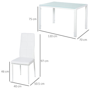 Set da Pranzo Tavolo con Piano in Vetro e 4 Sedie in Metallo e Similpelle  Bianco