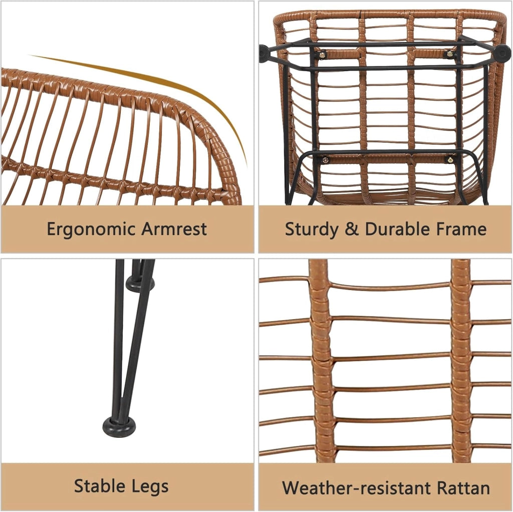 Set di 3 mobili da giardino in rattan, 2 sedie in rattan con cuscino e tavolino in vetro temperato, set da balcone per balcone, terrazza, giardino, marrone