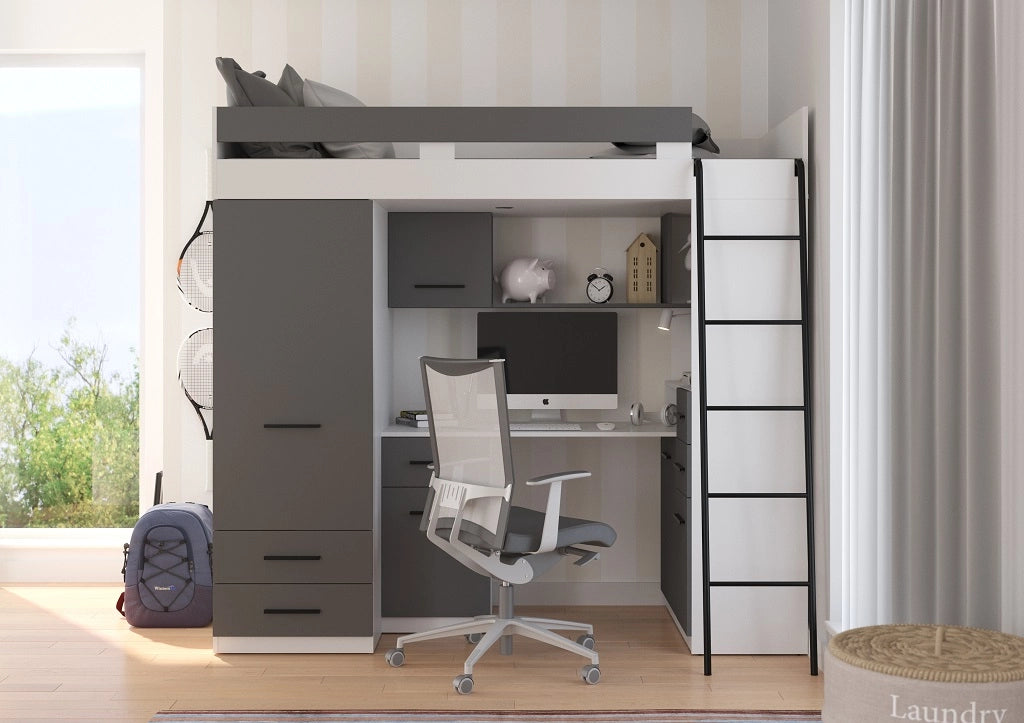 BIM Furniture letto soppalco con scrivania SMYK P cm110x204x188h Bianco Grafite