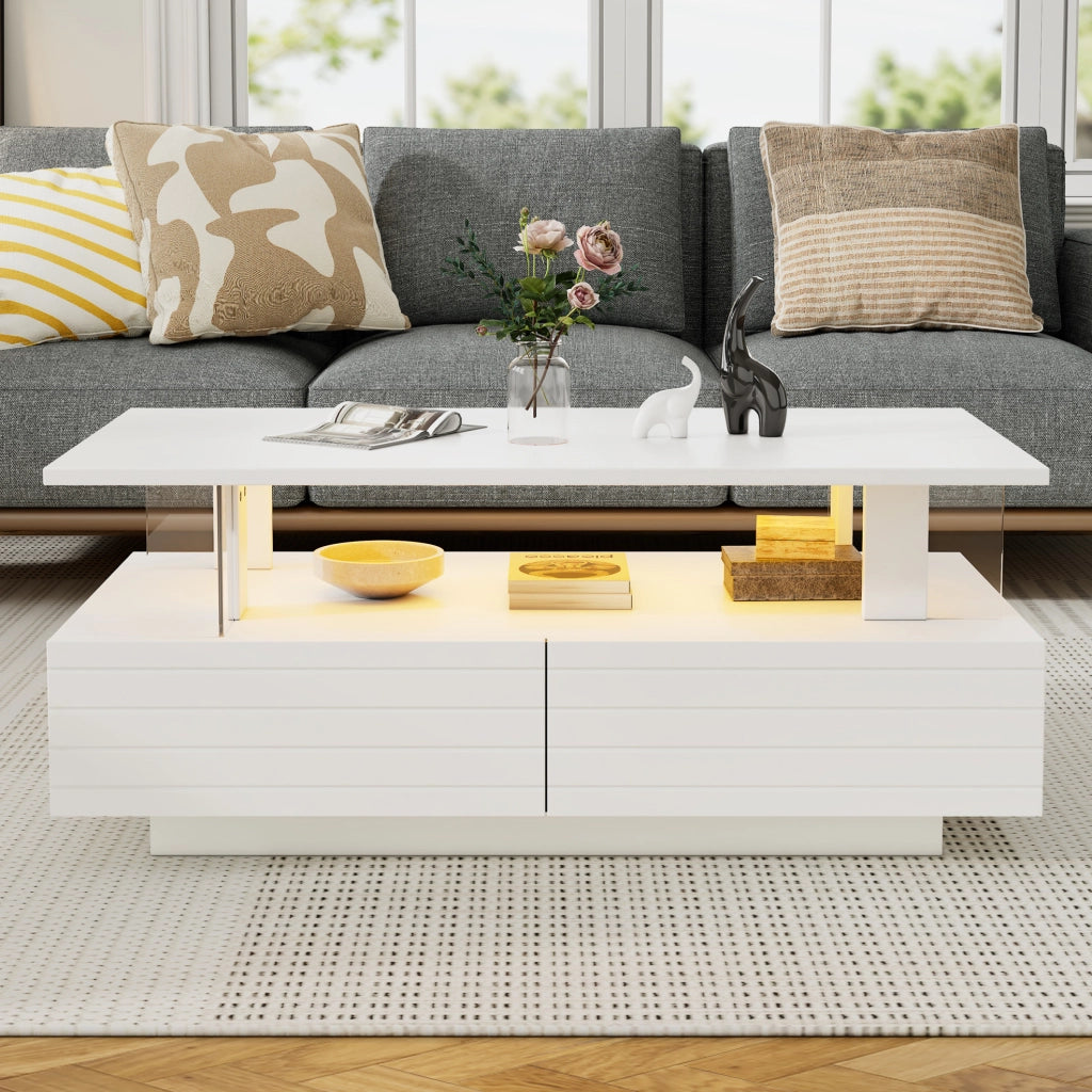 Tavolino da caffè LED bianco 100x50x42 cm con 2 cassetti