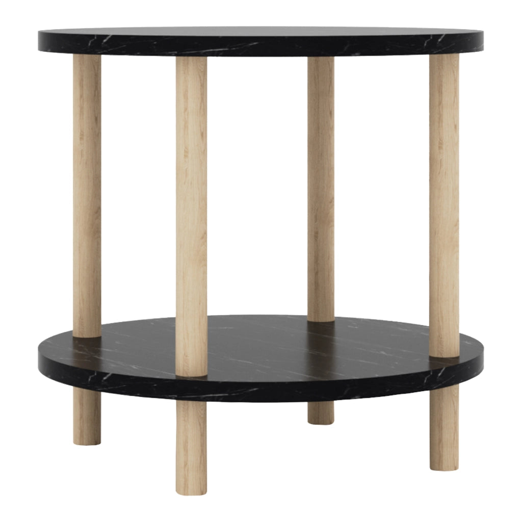 Tavolino Rotondo VES con 2 Piani di Appoggio 49xØ42 cm Effetto Marmo Nero [en.casa]
