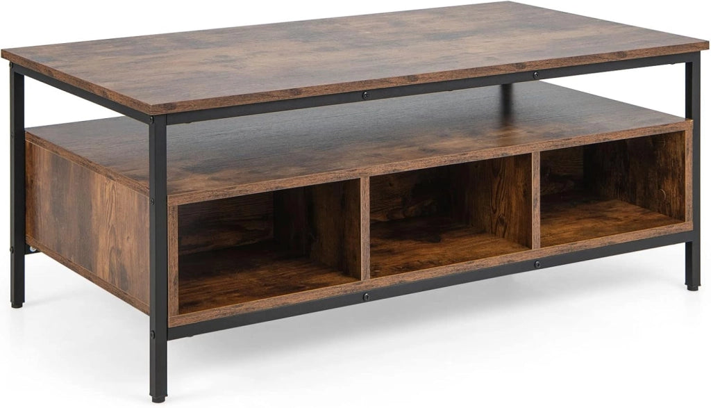 Tavolino da Salotto a 3 Livelli, Tavolo da Caffè in Legno con 1 Ripiano Aperto e 6 Scomparti, Struttura in Metallo, Supporto TV Industriale per Soggiorno, 105 x 60 x 45 cm, Marrone Rustico