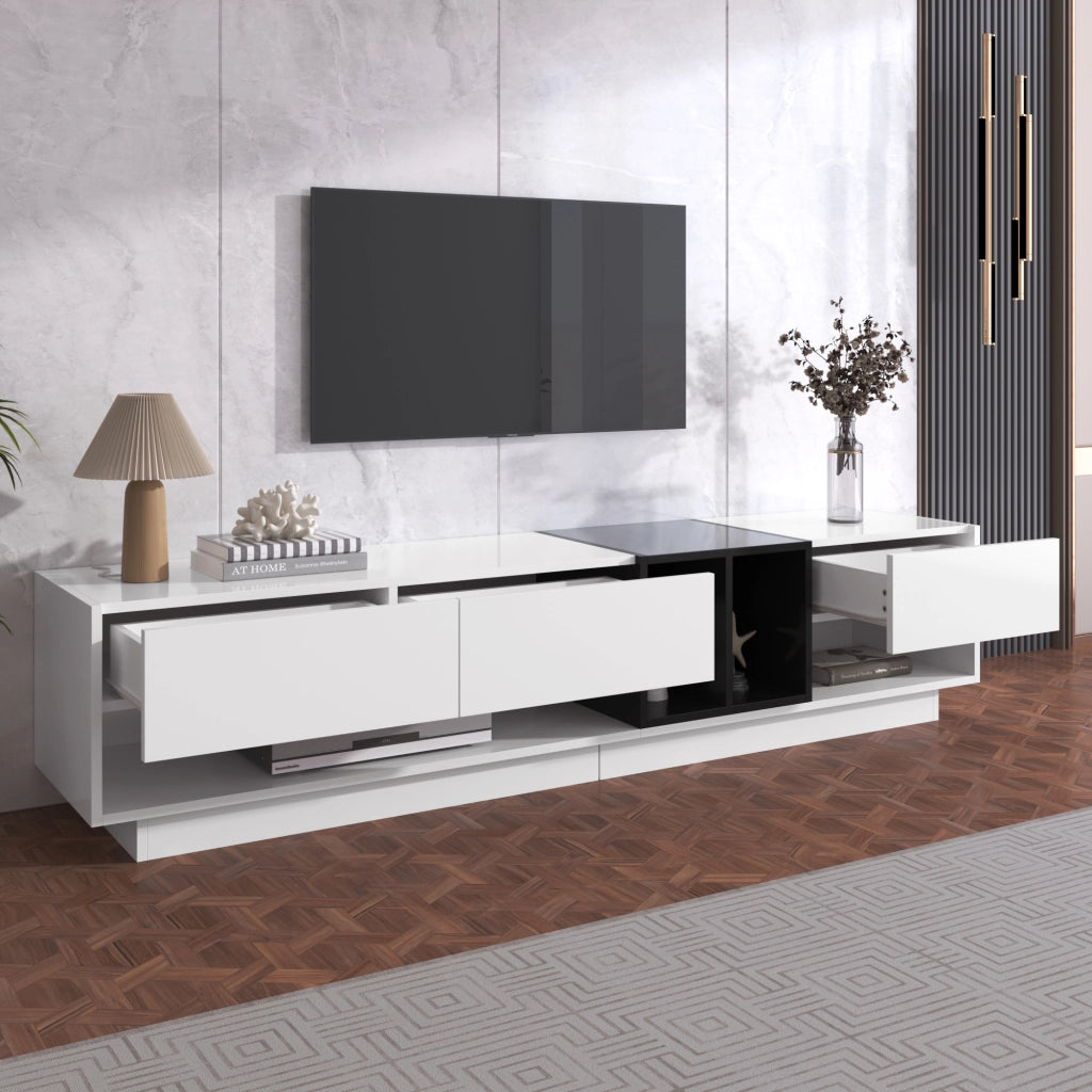 OKWISH Mobile TV con 3 Cassetti e 2 Vani Aperti, Finitura Lucida, per Soggiorno, Bianco e Nero, 190×40×42 cm