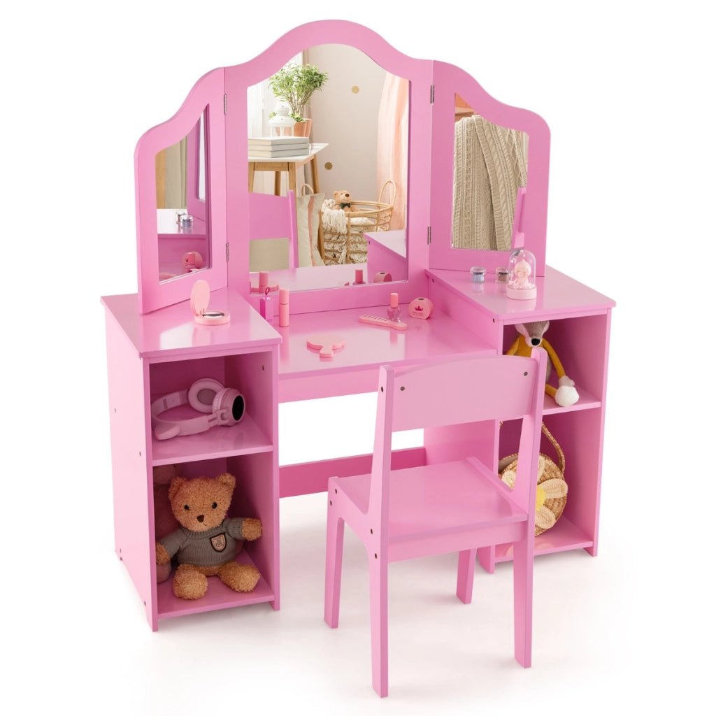 Set tavolo da trucco sedia per bambini con specchio a 3 ante rimovibile, Set 2-in-1 di vanit¨¤ per ragazze Rosa-Toelette per bimbi
