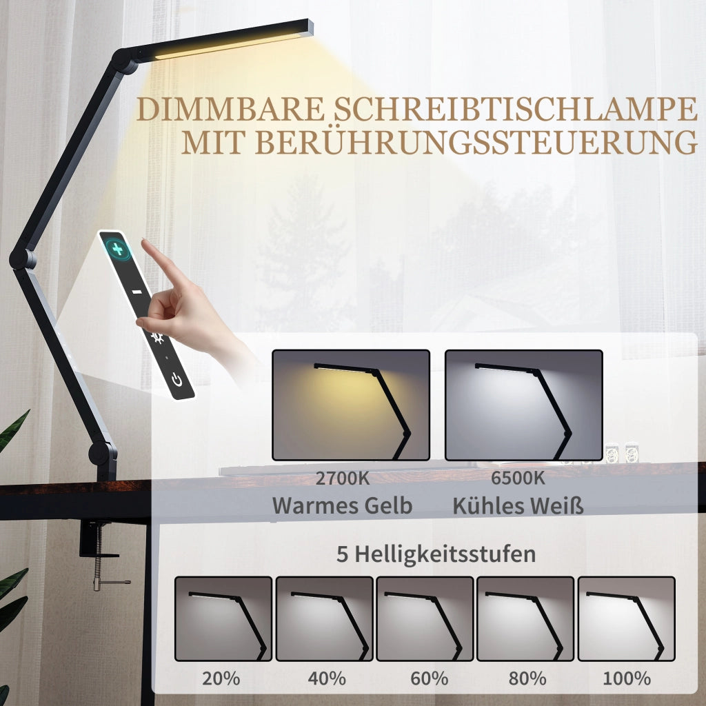 Lampada da Scrivania Regolabile a LED ¨C Zephmum ¨C Nero, 96 LED, Morsetto in Metallo