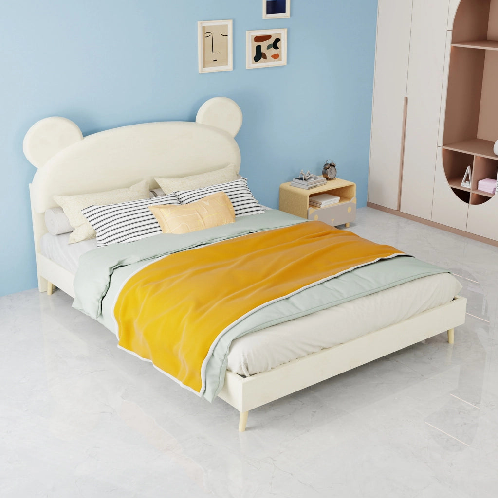 Letto per bambini imbottito 140x200 cm beige con testiera effetto peluche e materasso