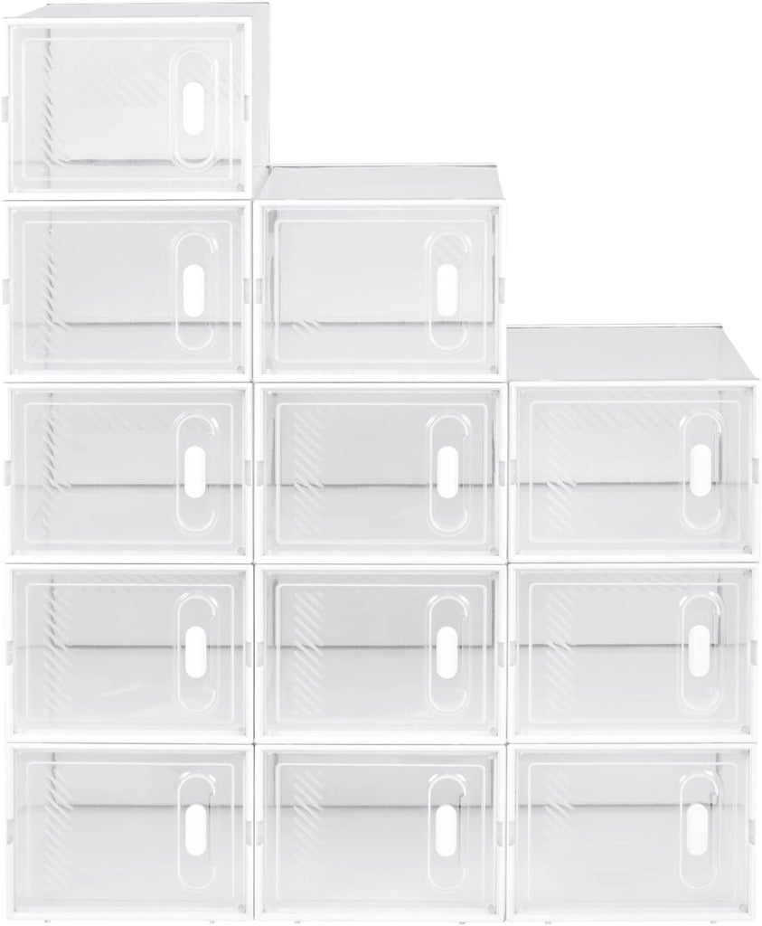 Set di 12 Scatole per Scarpe Contenitore Portascarpe Scarpiera Organizzatore Portaoggetti Impilabile Salvaspazio Coperchio Magnetico Plastica Trasparente Bianco 35x25x19cm