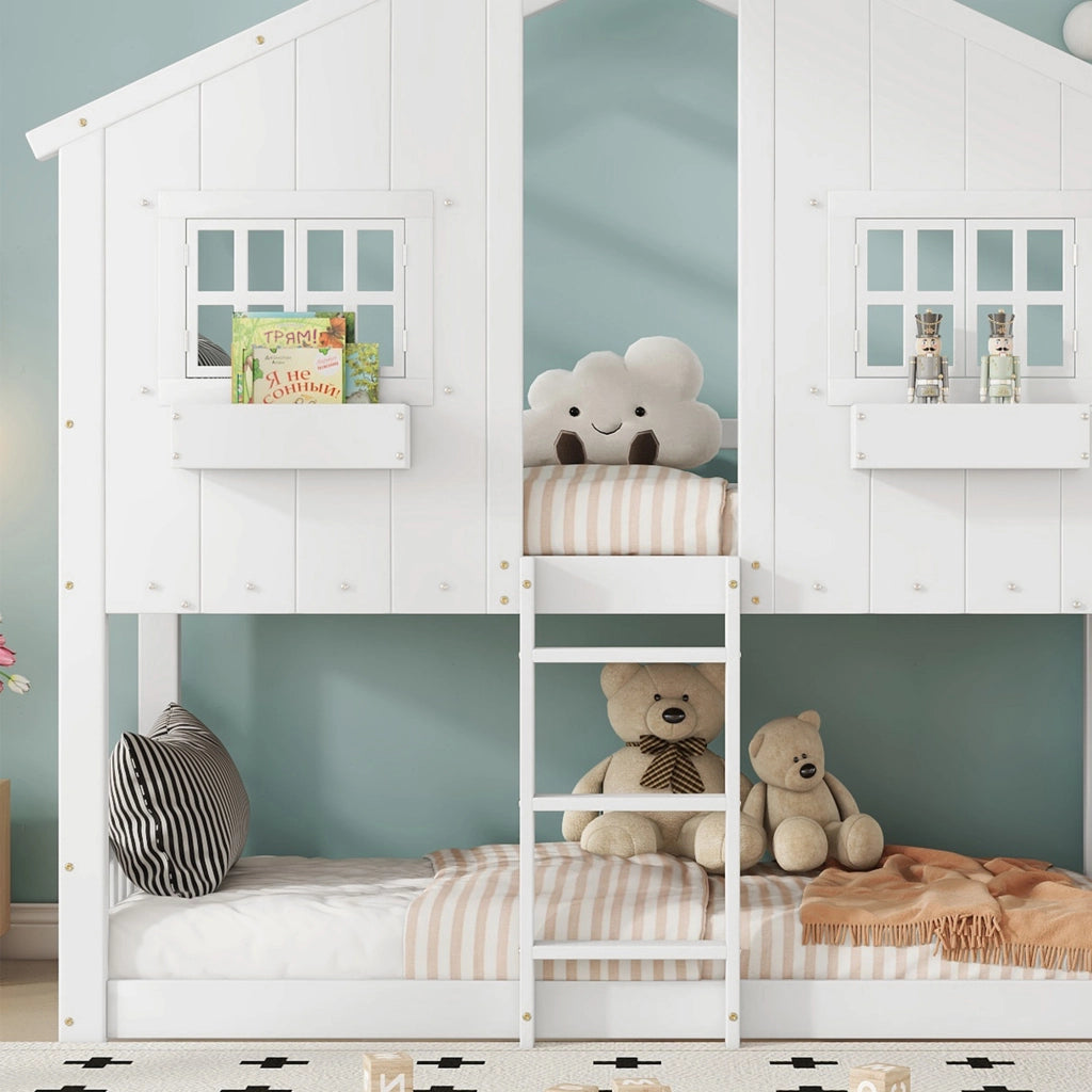 Letto a Castello per Bambini con Scivolo, Tetto e Rete di Protezione ¨C MINIMAL ¨C Pino/MDF, Bianco, 90x200