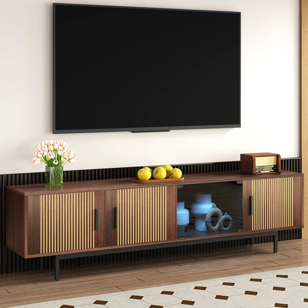 OKWISH Mobile TV con 2 Ante in Vetro Temperato e LED, Stile Moderno, MDF, Nero e Noce, 200 x 35 x 53 cm