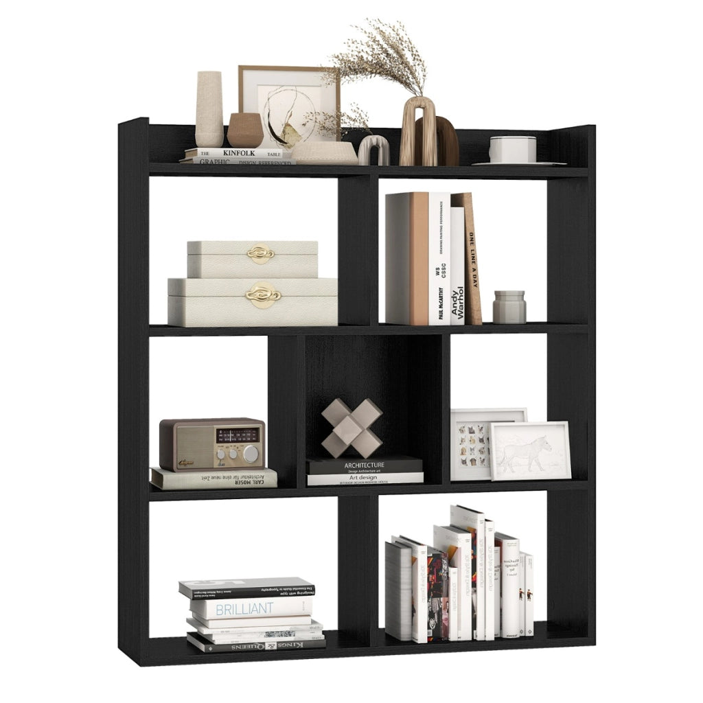 Libreria a cubi aperti con 7 scomparti, Mensola espositiva per l'archiviazione in legno per studio soggiorno Nero-Librerie