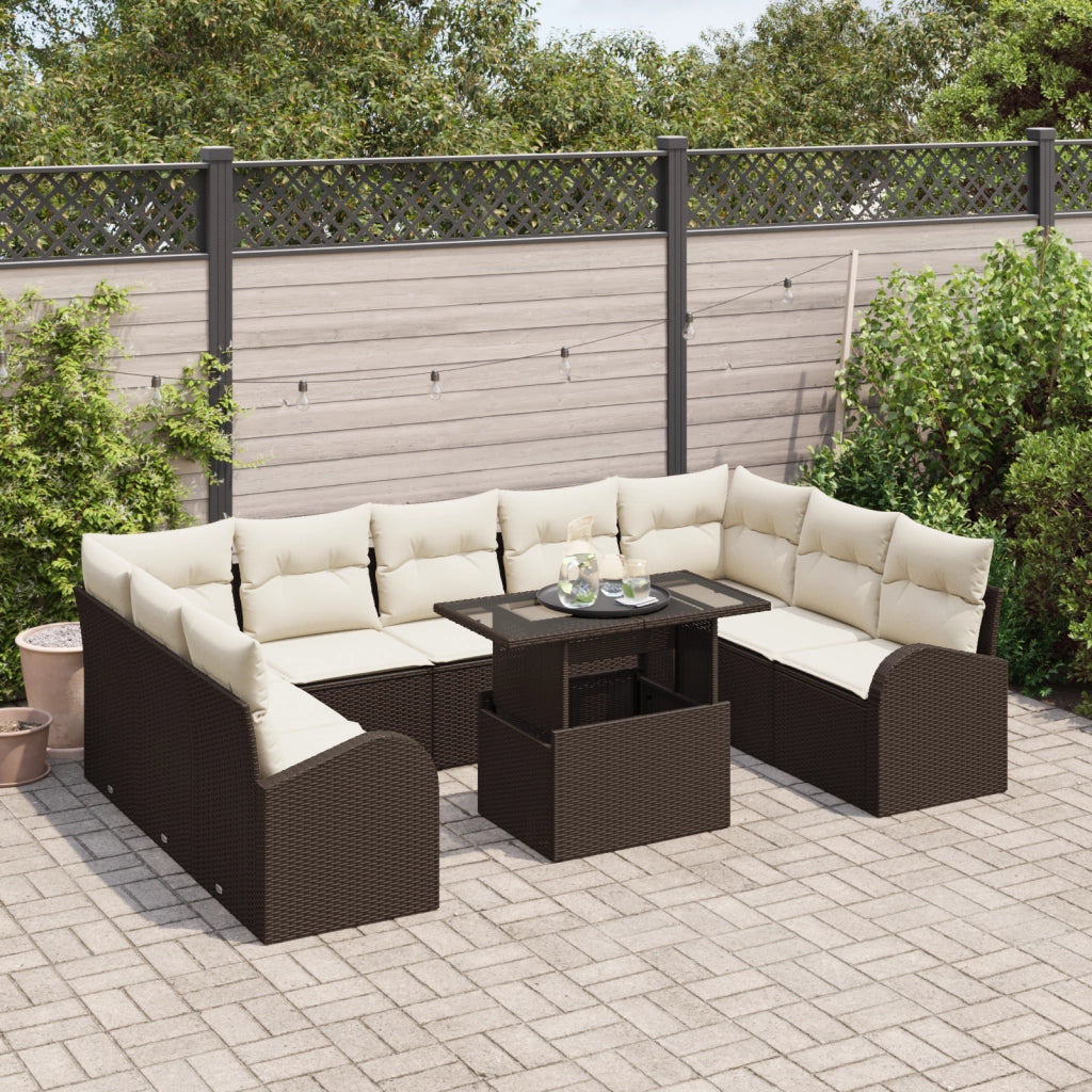 Set di Divani da Giardino in 10 Pezzi con Cuscini Marrone Rattan Sintetico