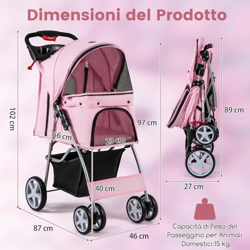 Passeggino per animali domestici a 4 ruote, Trasportino portatile con cestino e finestra a rete Rosa-Giochi e accessori per cani