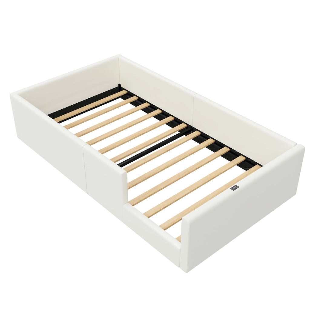 Letto singolo imbottito 90 × 200 cm con barriera, ricarica USB e tipo C, senza materasso, in MDF e PU, bianco