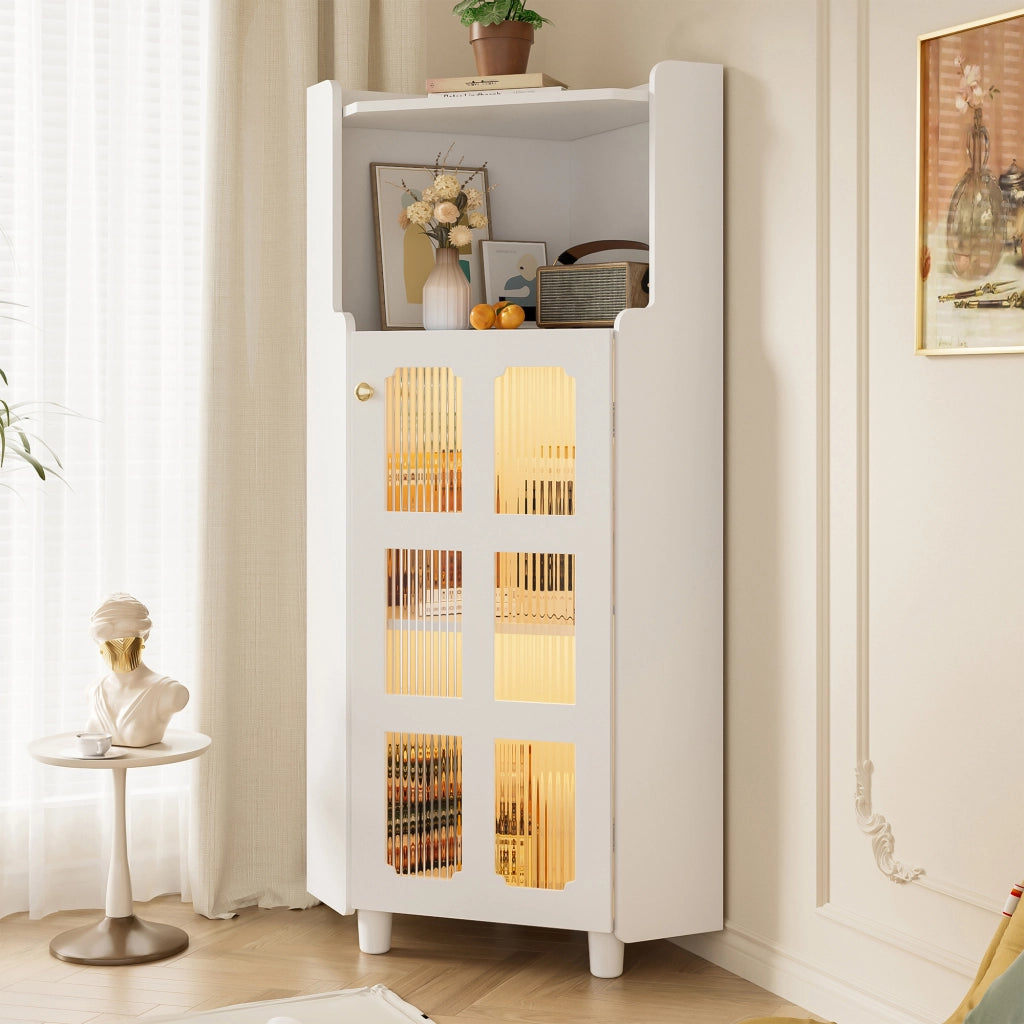 Mobile angolare con LED e 1 vano aperto, armadietto in vetro a 2 livelli, per soggiorno, bagno e cucina, in MDF, bianco, 63,5 × 124 cm