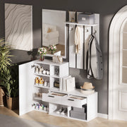 Garderoba da ingresso bianca con specchio, scarpiera, 2 cassetti e 4 ganci, 120x35x175,5 cm