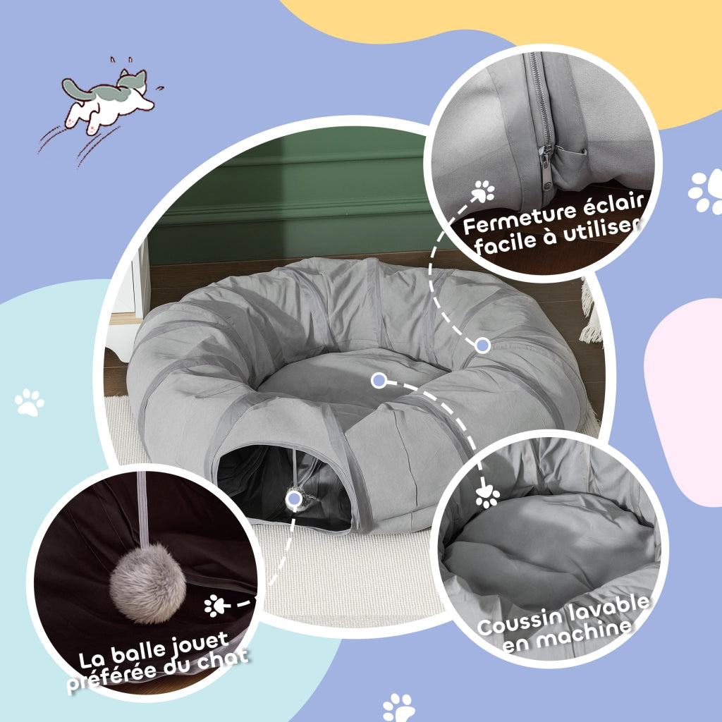 Tunnel per gatti pieghevole con cuscino ¨C Xylo ¨C grigio ? 90 x 27 cm