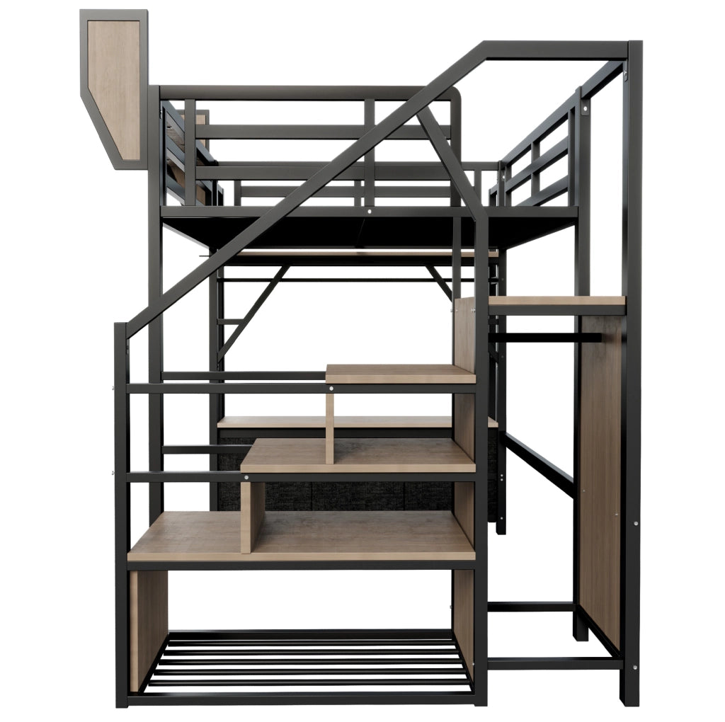 Letto a soppalco in metallo 140x200 cm con LED; ripiani; ganci e scale contenitore; nero