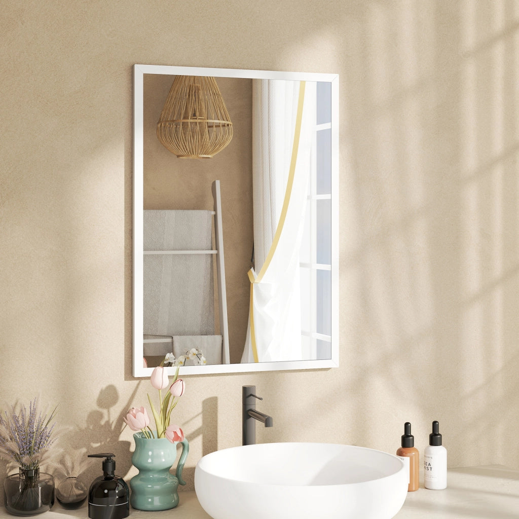 Specchio da Parete Rettangolare con Ganci. in Vetro e MDF. 50x70 cm. Bianco