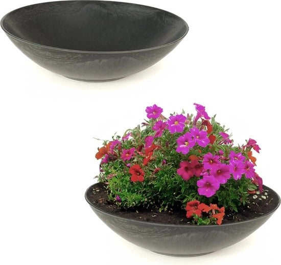 sculture per giardino, due grandi scatole decorative, nere a marmorizzazione, come scatole per fiori, scatole da giardino piatte da 35 cm, per fiori, bonsai o cimitero