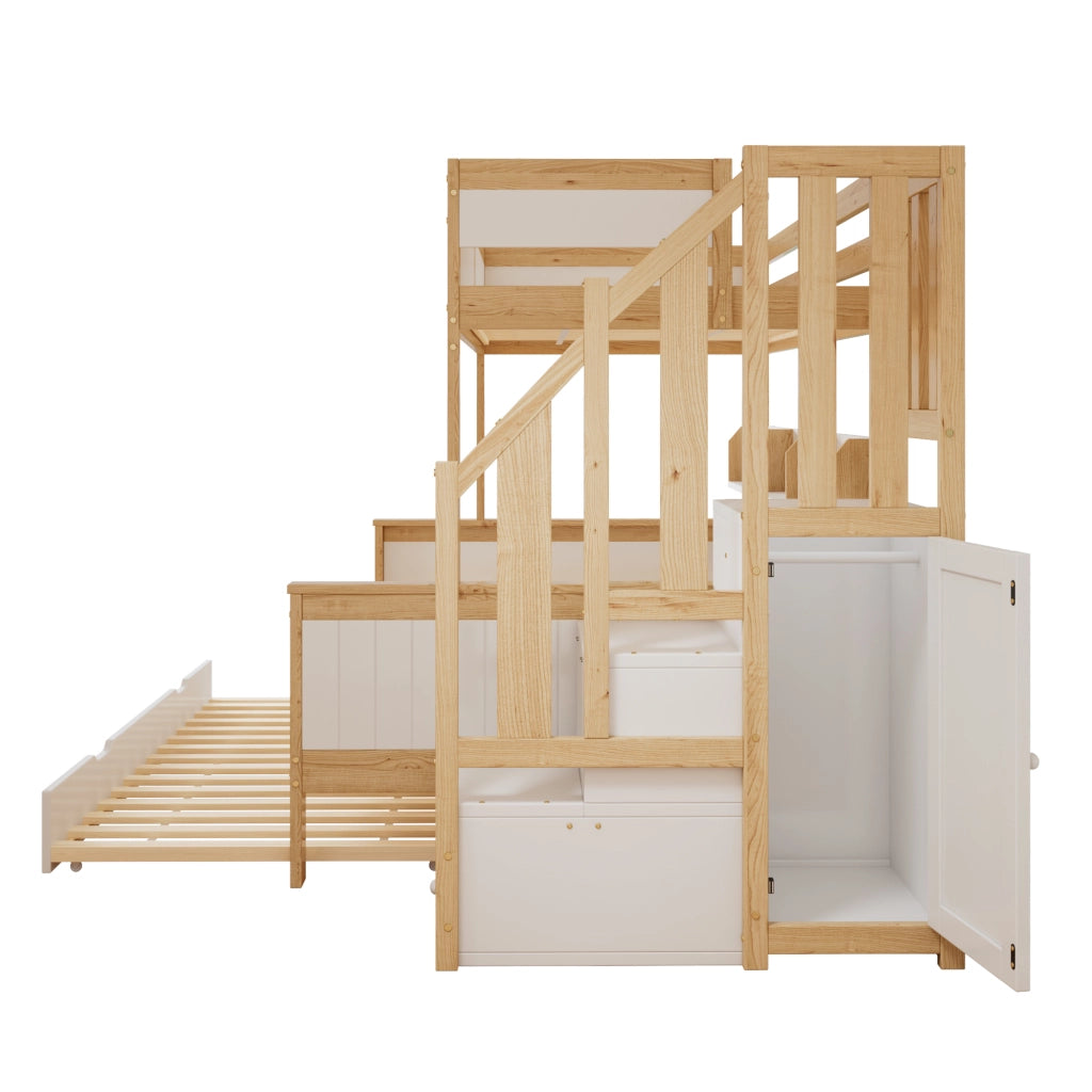 DESMIU Letto a castello per bambini 90 × 200 cm e 120 × 200 cm con letto estraibile, scala, armadio, senza materasso