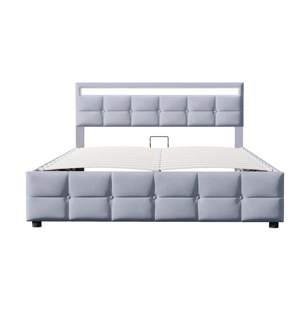 LETTO Imbottito 180x200 cm con LED, Sollevamento Idraulico, Velluto Grigio