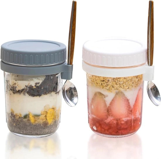 Set di contenitori per colazione riciclabili con coperchi e cucchiaio - Set da 2 - 350 ml - Per latte, cereali e frutta - Con misurini - Bianco e grigio