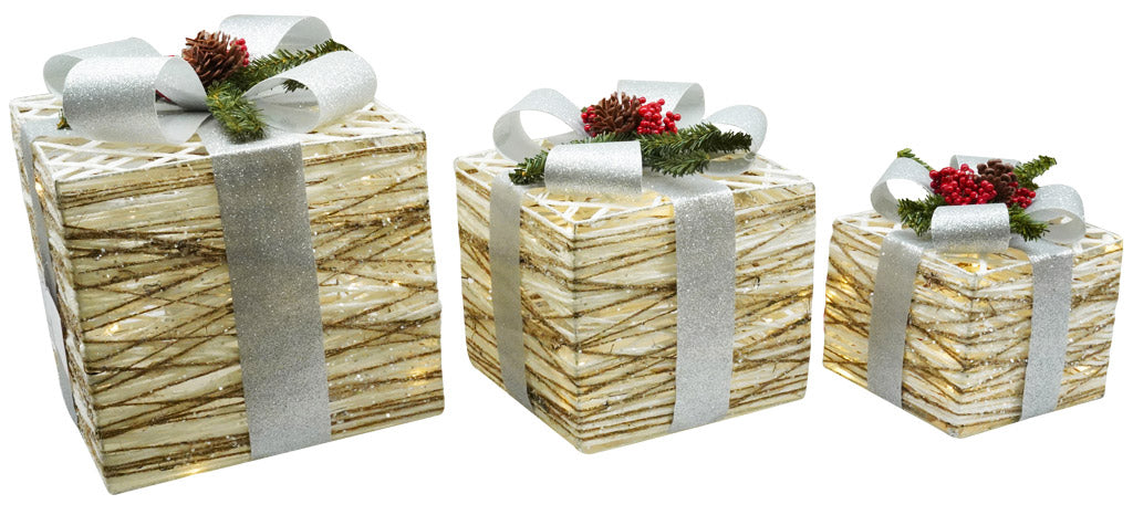 Set 3 Pacchi di Natale con LED in Plastica Bianco e Argento