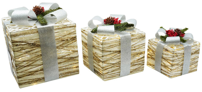 Set 3 Pacchi di Natale con LED in Plastica Bianco e Argento