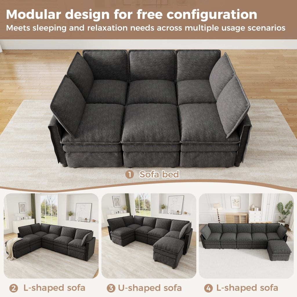 Divano modulare XXL 6 posti con funzione letto e pouf mobile componibile a U o L in chenille grigio 344 × 127 × 91 cm