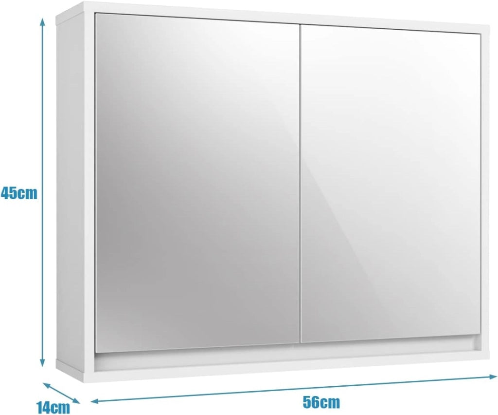 Armadietto Bagno a Parete con 2 Ante di Specchio, Mobiletto Specchio Bagno con 2 Ripiani di Stoccaggio, 65x11x62 cm, Bianco (56x14x45 cm)