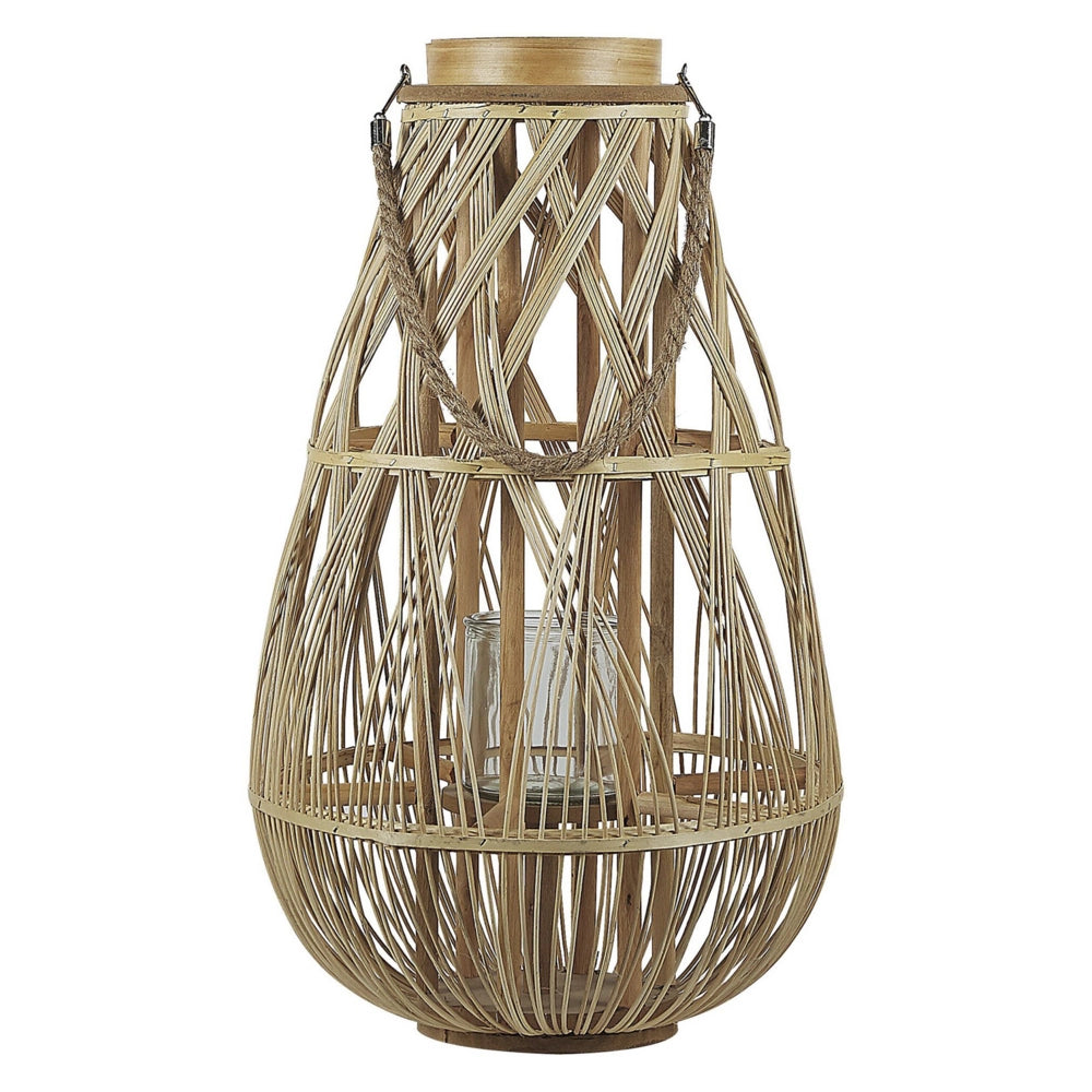 Lanterna leggera in legno di bambù e vetro 56 cm Portacandele intrecciato per interni ed esterni Boho scandinavo