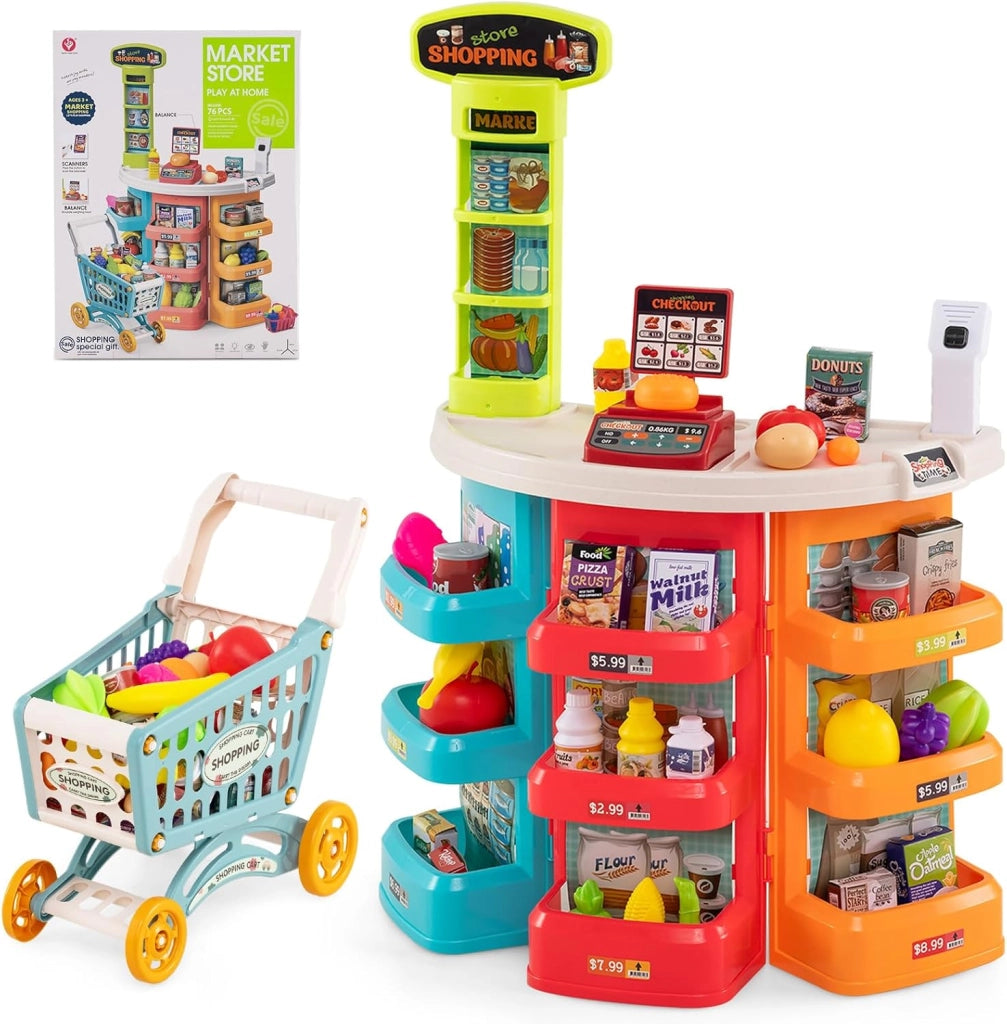 Cassa Gioco Supermercato per Bambini, Supermercato Giocattolo con Carrello della Spesa, Registratore di Cassa, Scanner, Luci e Suoni, Gioco di Ruolo con 29 Accessori (Blu)