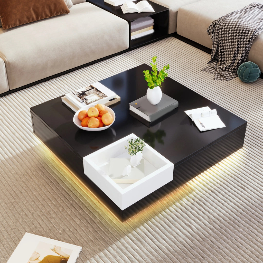 TAVOLINO 72x72x30 cm Bianco/Nero in truciolare con LED