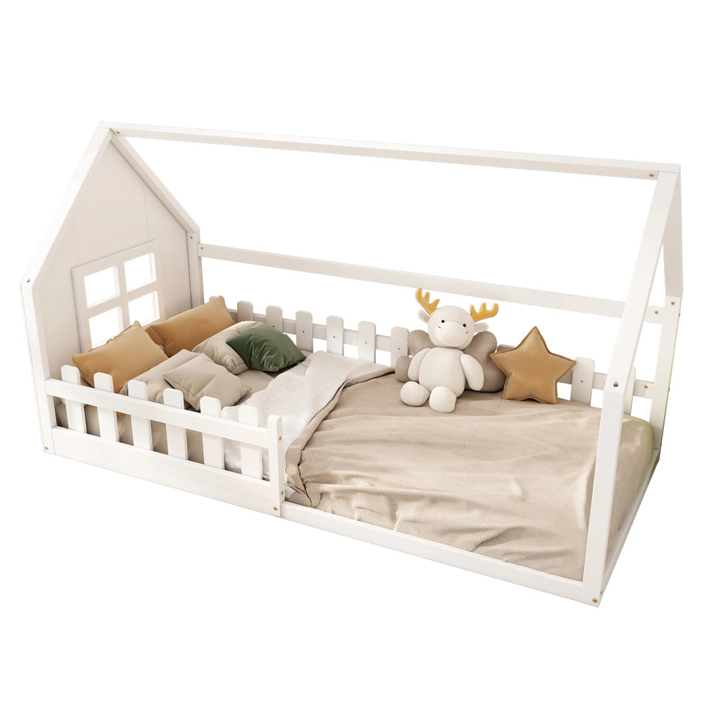 Letto per bambini 90x200 cm a forma di casetta; in pino e MDF; bianco