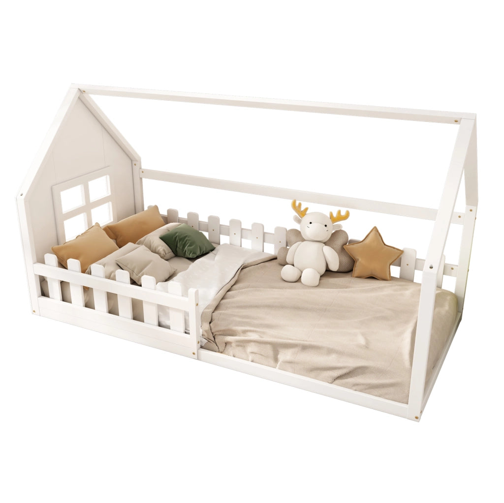 Letto per bambini 90x200 cm a forma di casetta; in pino e MDF; bianco