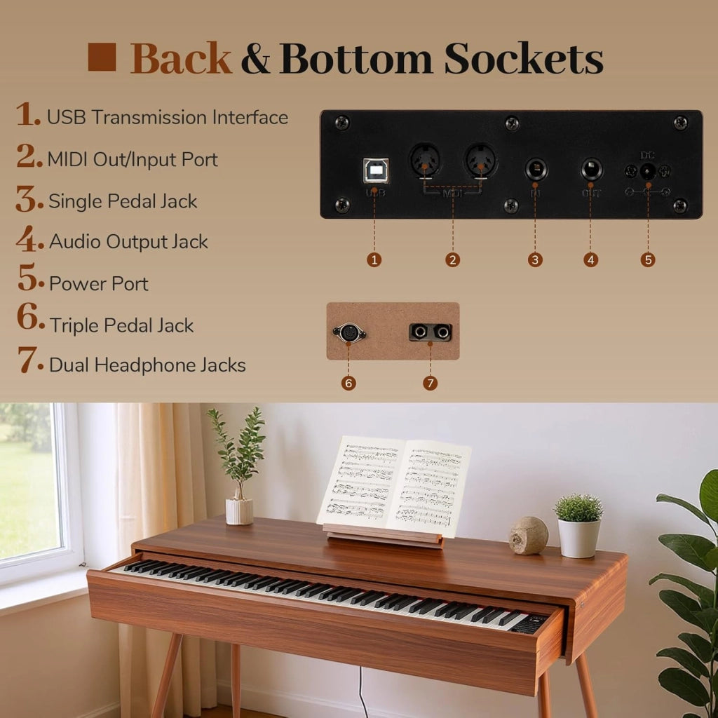 Piano Digitale 88 Tasti, Tastiera Piano Elettronica con 800 Suoni & 600 Ritmi, Tasti Pesanti, Piano Digitale con Supporto & 3 Pedali, Modalità Doppia Tastiera, Marrone