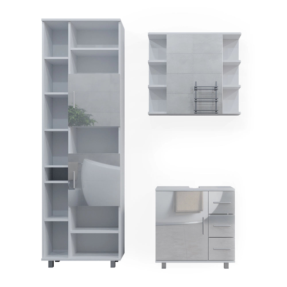 Vicco Set mobili bagno Bianco lucido 3 parti, con armadio alto